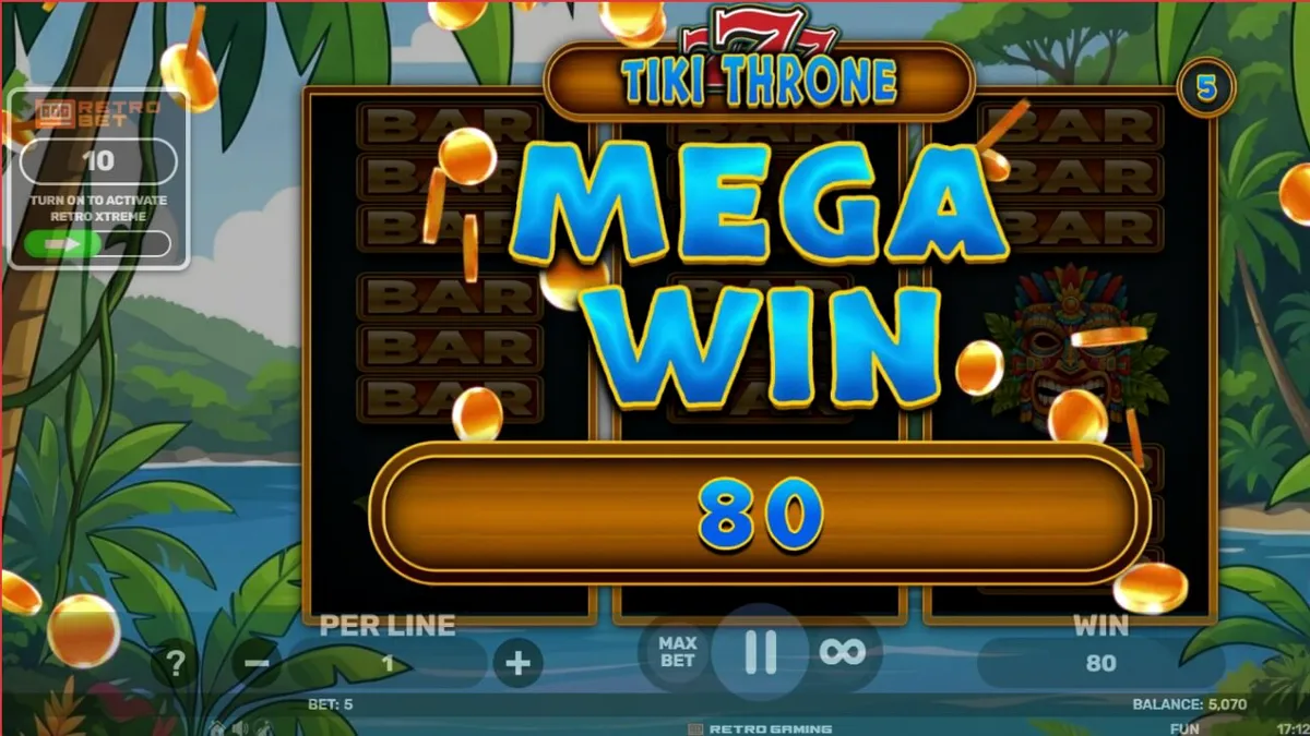 Interface colorida e tropical do slot 777 – Tiki Throne com máscaras Tiki e símbolos de frutas