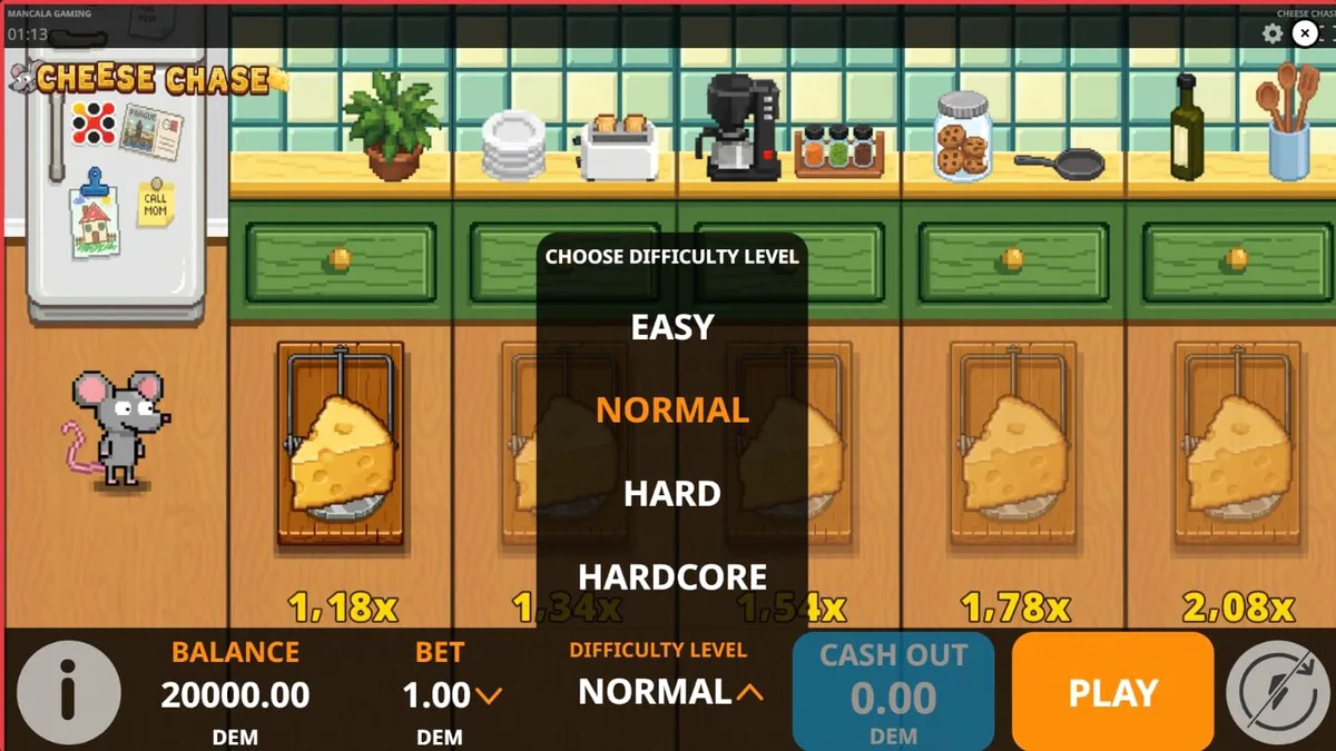 Interface do jogo Cheese Chase com o ratinho atravessando a cozinha