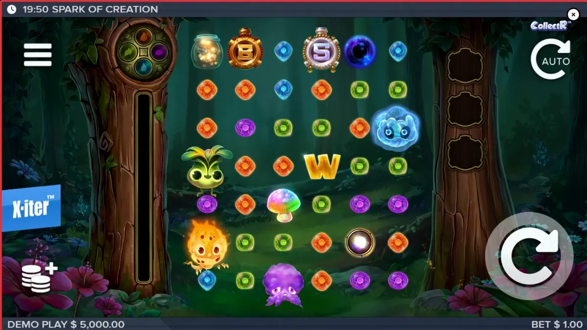 Cena mágica da floresta no slot Spark of Creation com criaturas elementais
